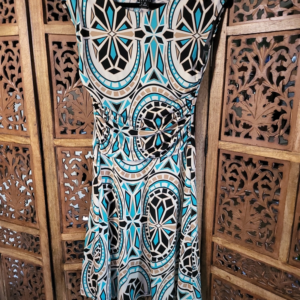 Enfocus Stylish Geometric Print Dress - Blue and Tan